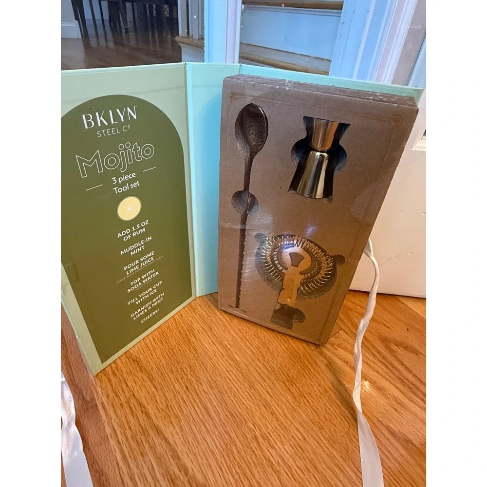 BKLYN Steel Co Mojito 3 Piece Bar Tool Set Jigger Strainer Spoon Stainless Steel